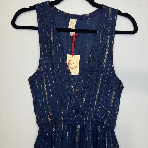 Raga Navy Blue & Gold Metallic Stripe Maxi Dress XS Festival Resort Wear NWT - Picture 3 of 16